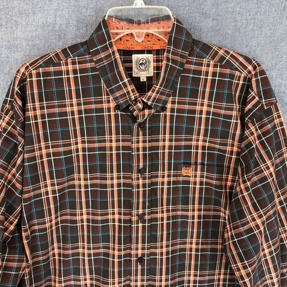 Cinch Western Shirt L Large Button Up Long Sleeve Flip Cuff Plaid Logo Men's - Picture 3 of 12